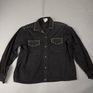 Vintage 90s Just Janet Studded Black Denim Western Shirt Shacket Small